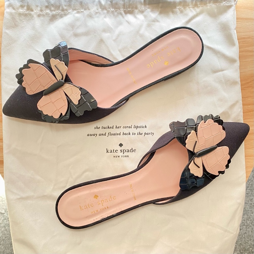 NEW Kate Spade New York Leather Blossom Butterfly Flats Mule black pink size 6